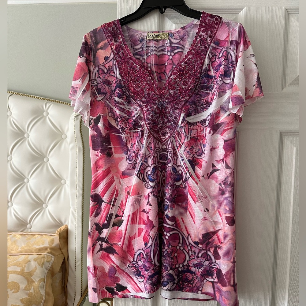 Floral Pink V-Neck Women's Top